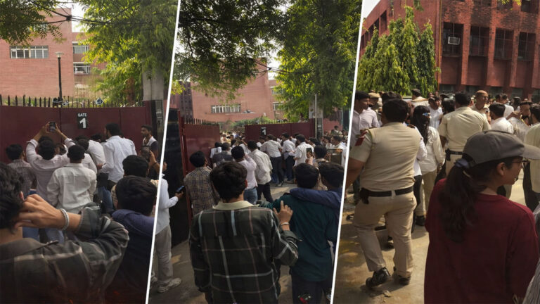 गार्गी कॉलेज में ‘हंगामा’: ABVP कार्यकर्ताओं पर लगा कॉलेज में जबरन घुसने का आरोप; सौरभ भारद्वाज ने पूछा— “पुलिस की मौजूदगी में कानून का मजाक क्यों?”