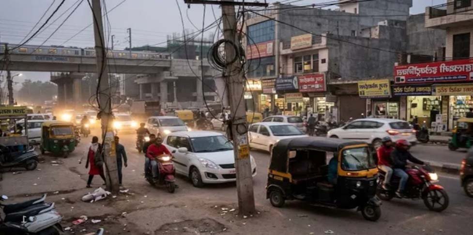 द्वारका और उत्तम नगर में सड़क व सर्विस लेन के बीच खड़े बिजली के खंभे, हादसे का बना खतरा।