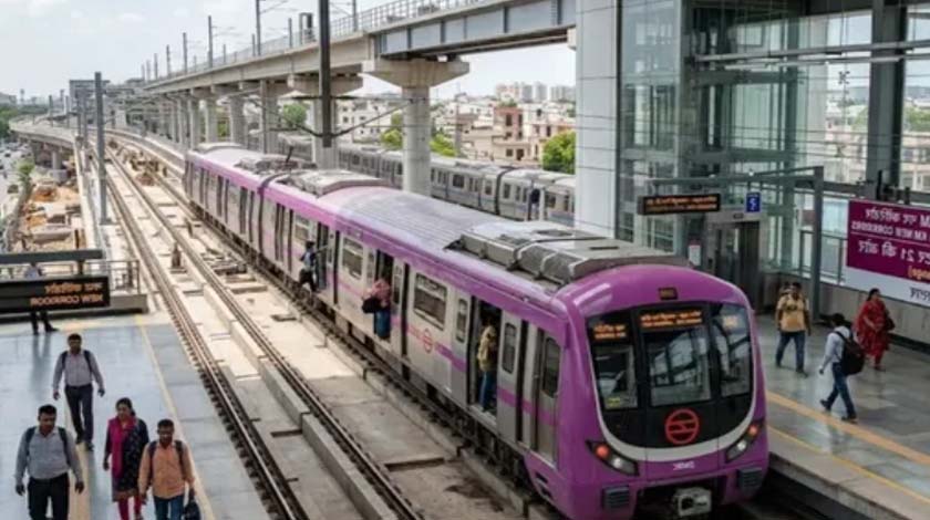 दिल्ली मेट्रो ट्रेन और निर्माणाधीन नए मेट्रो कॉरिडोर का दृश्य।