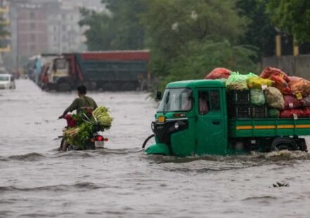 समयपुर बादली में बारिश के पानी से भरे प्लॉट का दृश्य।