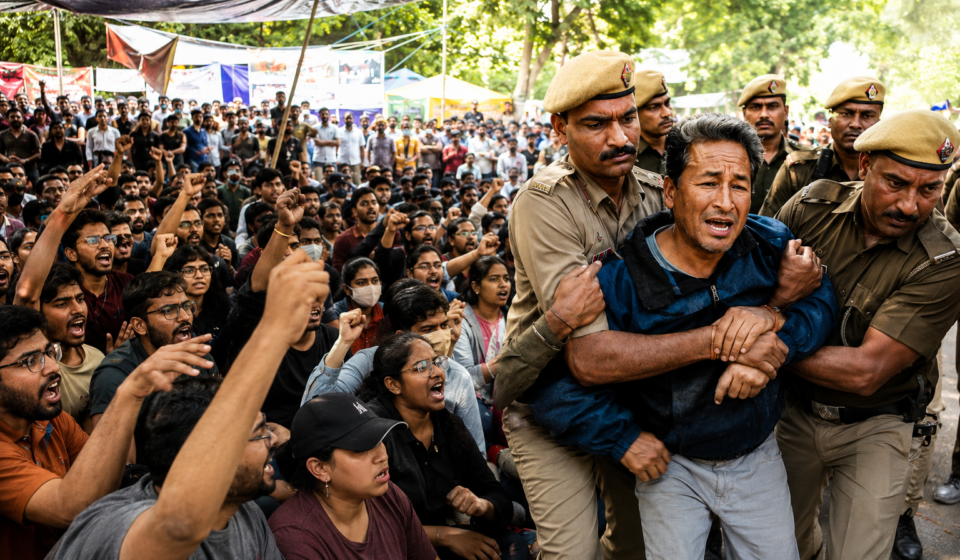 जंतर-मंतर पर सोनम वांगचुक को हटाने के बाद प्रदर्शनकारियों का विरोध।