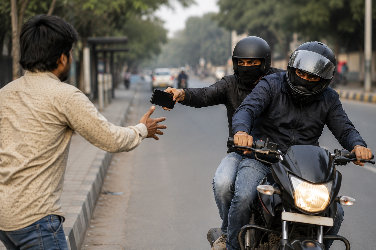 दिल्ली में बाइक सवार बदमाशों ने राहगीर से मोबाइल झपटा।