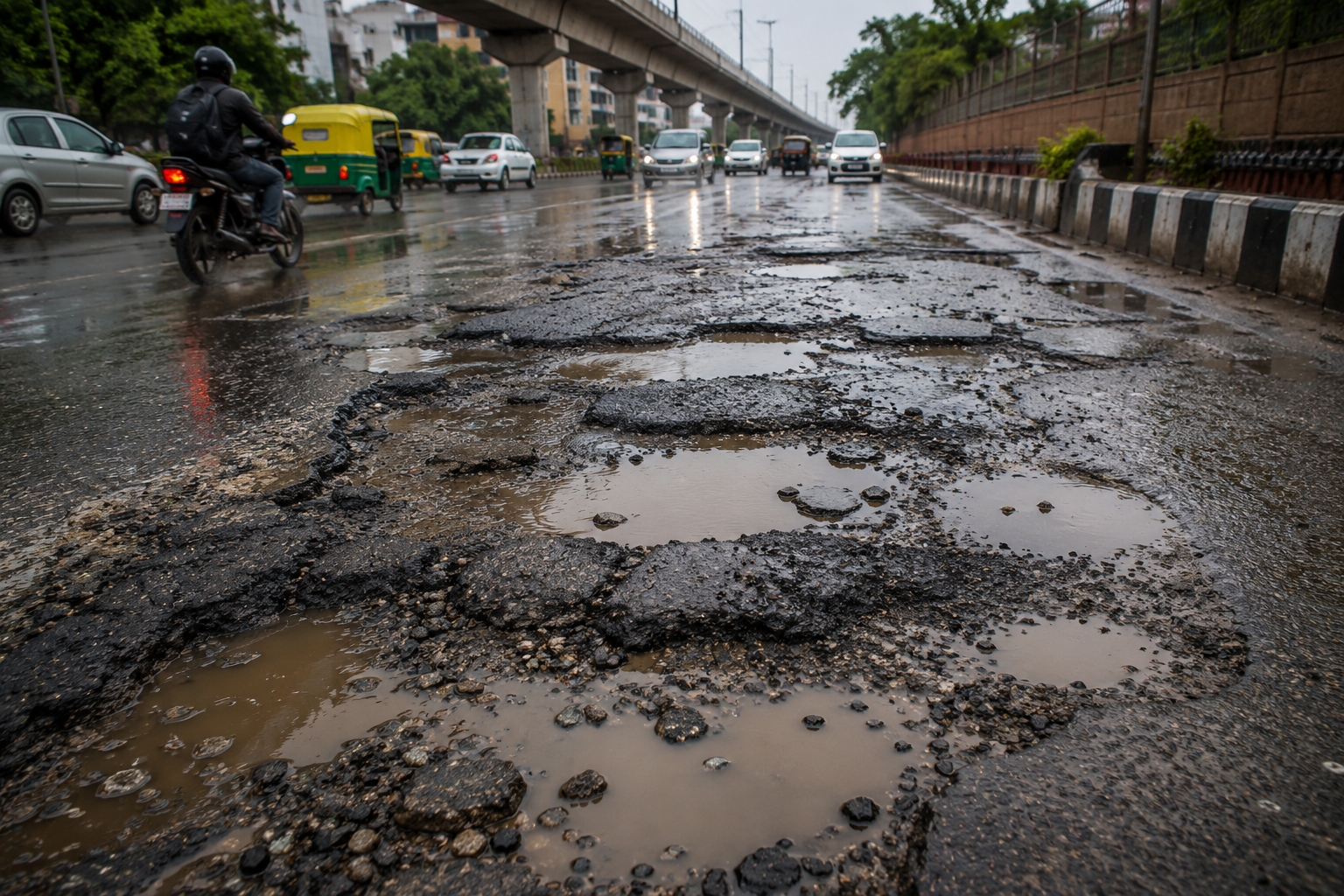 बारिश के बाद गड्ढों और जलभराव से खराब हुई दिल्ली की सड़क का दृश्य।