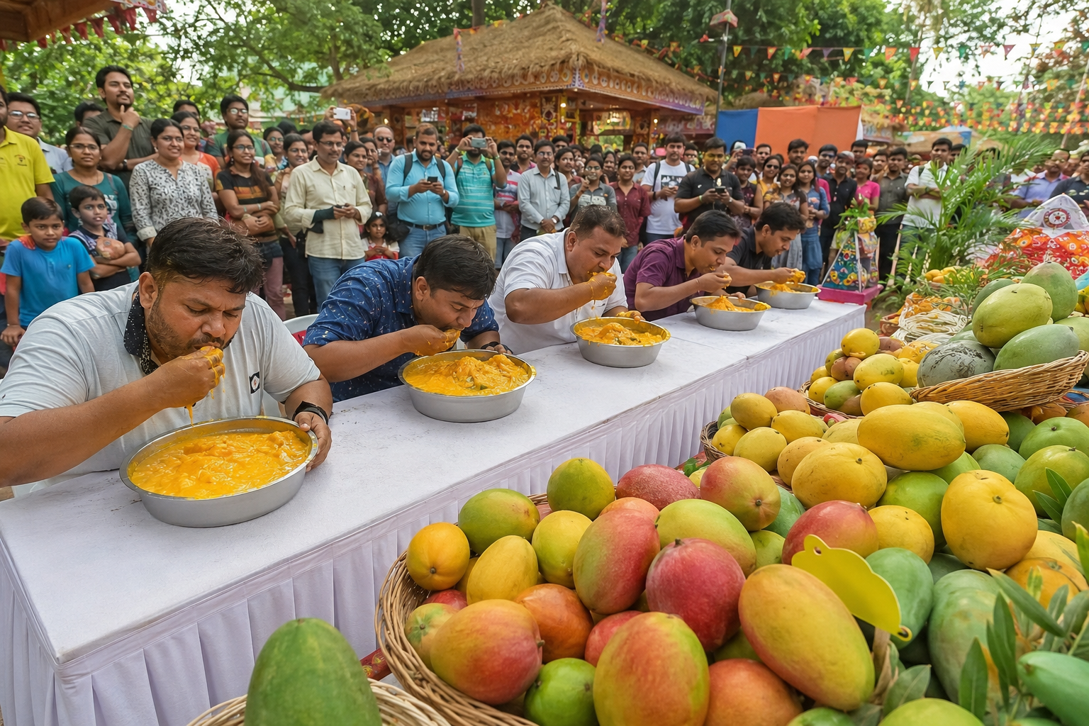 दिल्ली हाट जनकपुरी में आयोजित मैंगो फेस्टिवल में आम खाने की प्रतियोगिता और आमों की प्रदर्शनी।